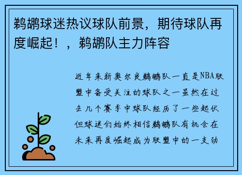 鹈鹕球迷热议球队前景，期待球队再度崛起！，鹈鹕队主力阵容