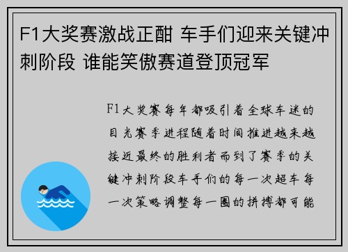 F1大奖赛激战正酣 车手们迎来关键冲刺阶段 谁能笑傲赛道登顶冠军