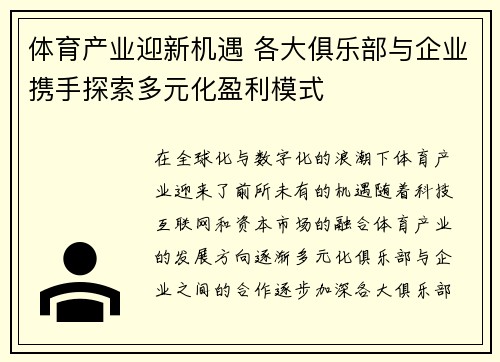 体育产业迎新机遇 各大俱乐部与企业携手探索多元化盈利模式 体育产业迎新机遇 各大俱乐部与企业携手探索多元化盈利模式