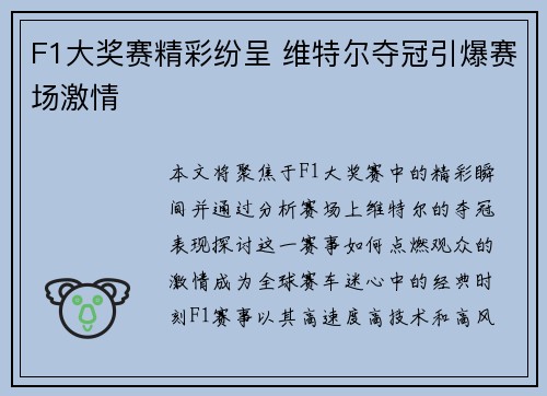 F1大奖赛精彩纷呈 维特尔夺冠引爆赛场激情 F1大奖赛精彩纷呈 维特尔夺冠引爆赛场激情